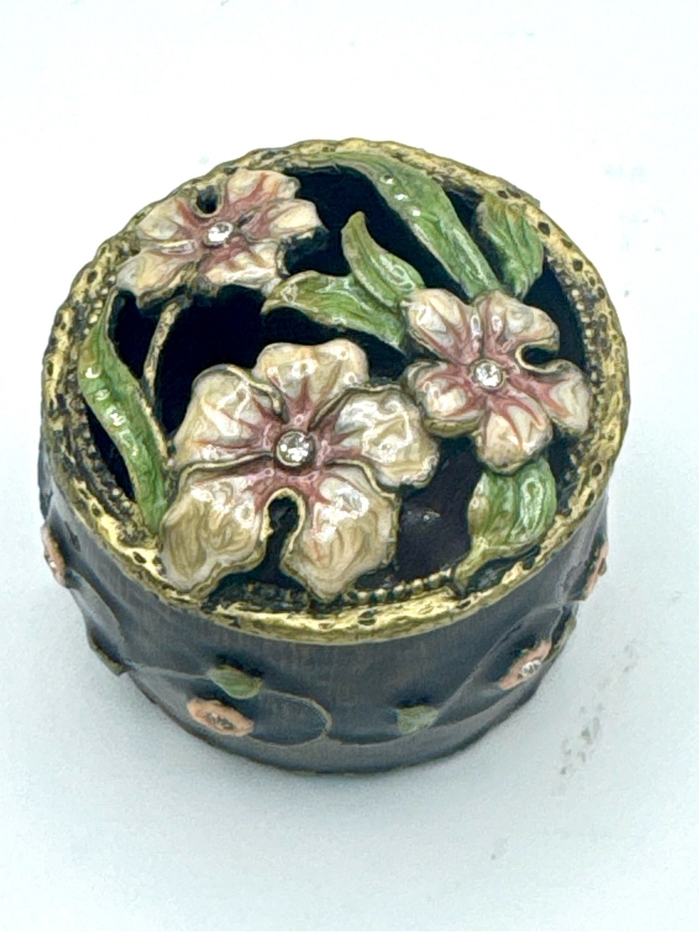 Vintage Metallic Floral Enamel Trinket Box Jewelled Magnetic Closure